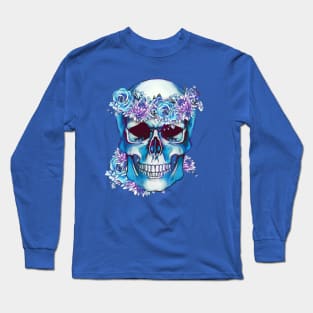 floral crown and skull, Human anatomy, bones, blue roses and chrysanthemums Long Sleeve T-Shirt